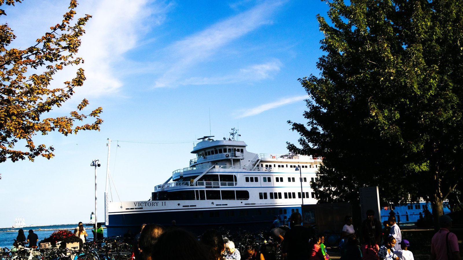 White and navy cruise ship docked behind trees and a crowd on a sunny lakefront